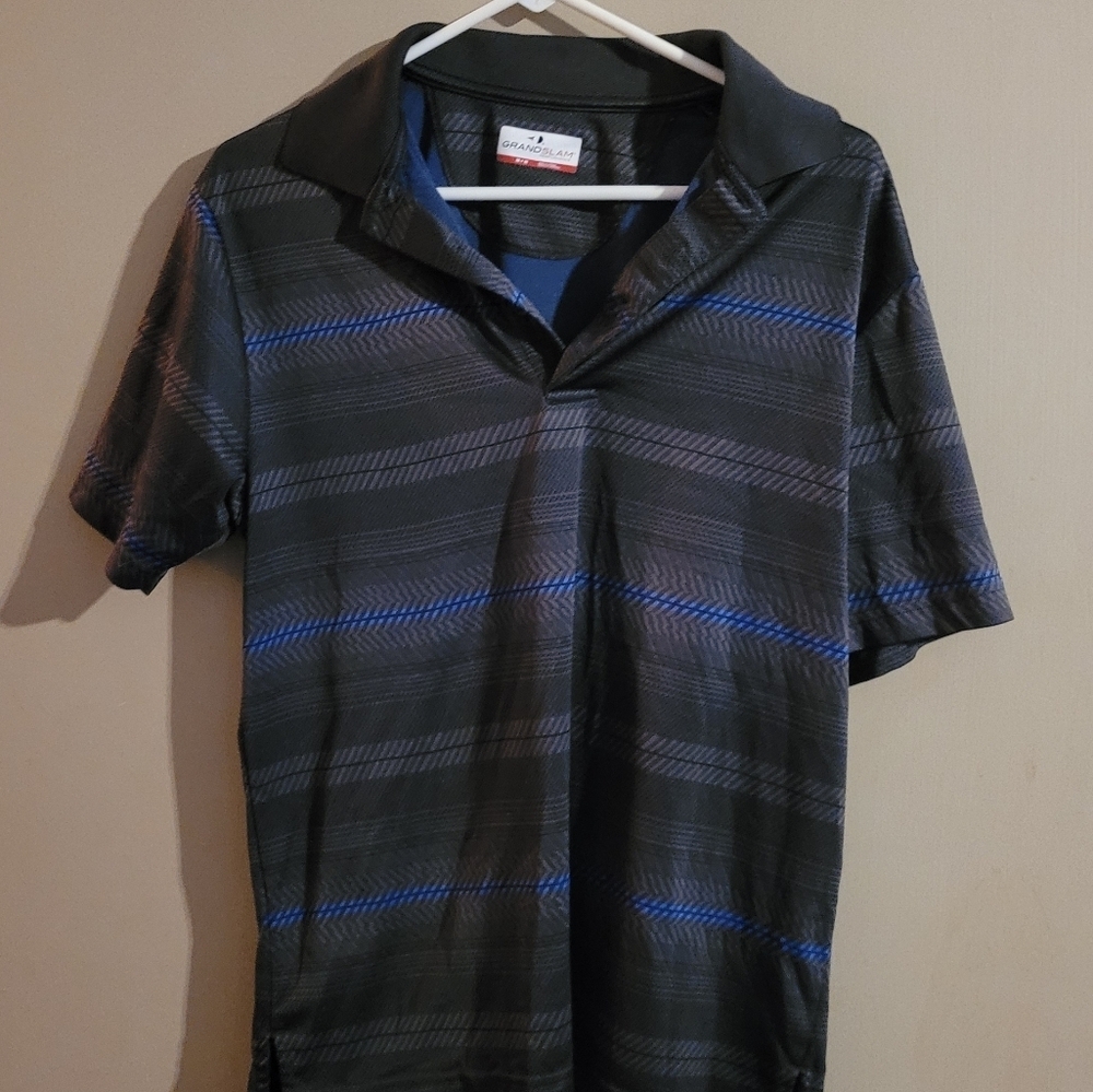 Grand Slam Black and Blue Polo Shirt with Striped Design M